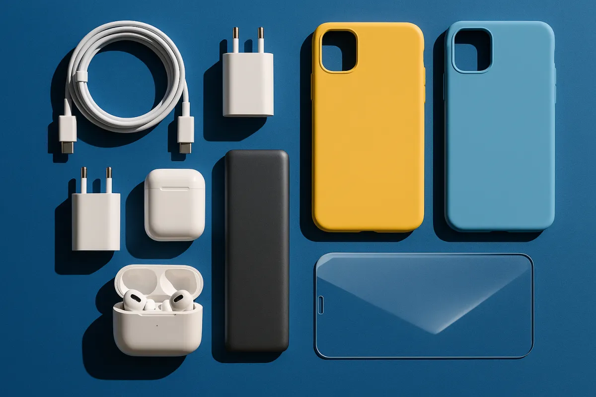 Carregadores, cabo, auriculares, bateria externa, capas e película de proteção