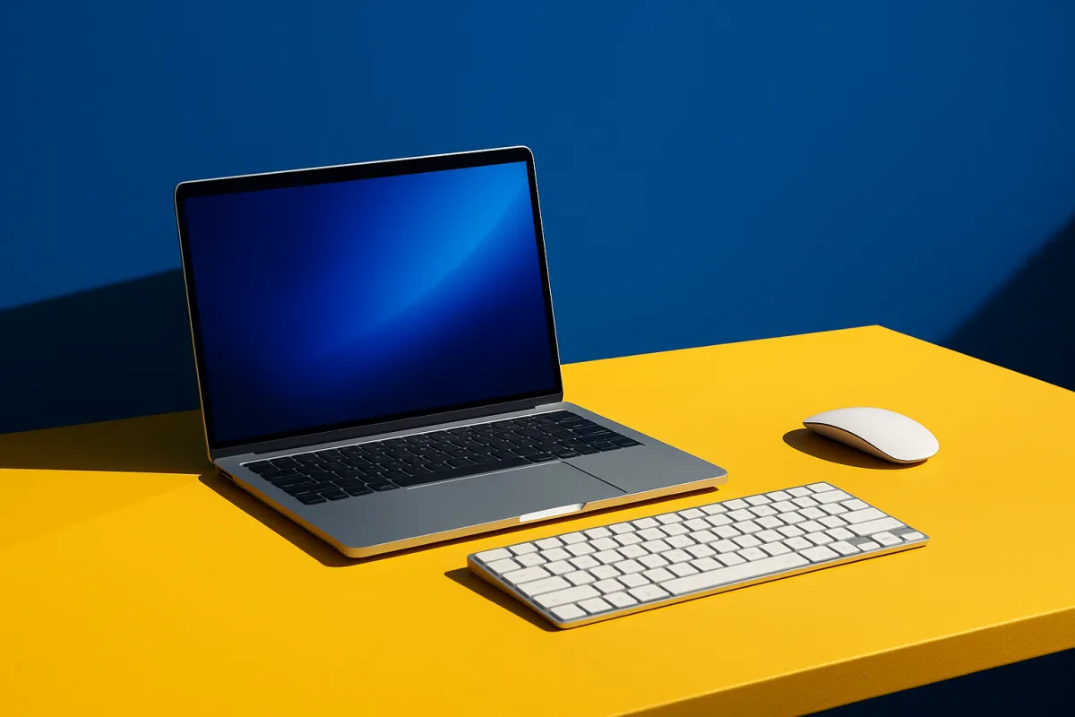Computador portátil, teclado e rato sobre uma mesa amarela