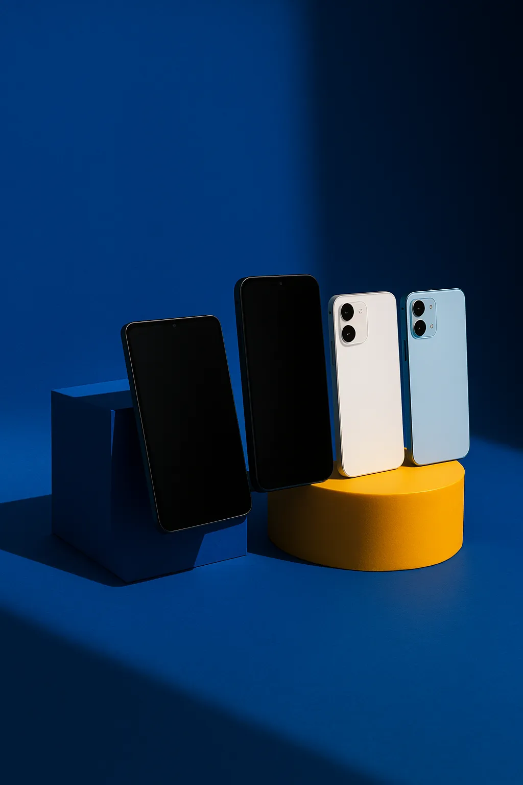 Smartphones em azul, branco e preto expostos sobre blocos azul e amarelo