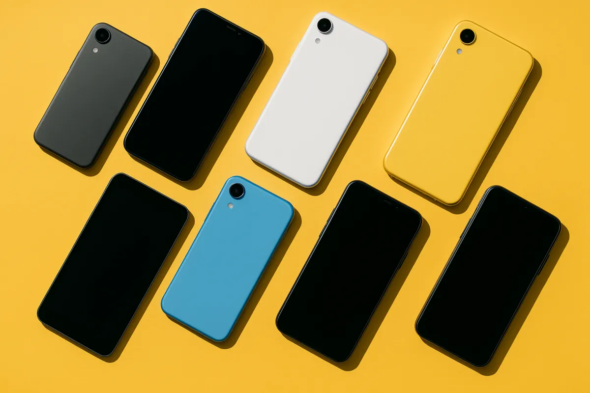 Smartphones de várias cores dispostos sobre fundo amarelo
